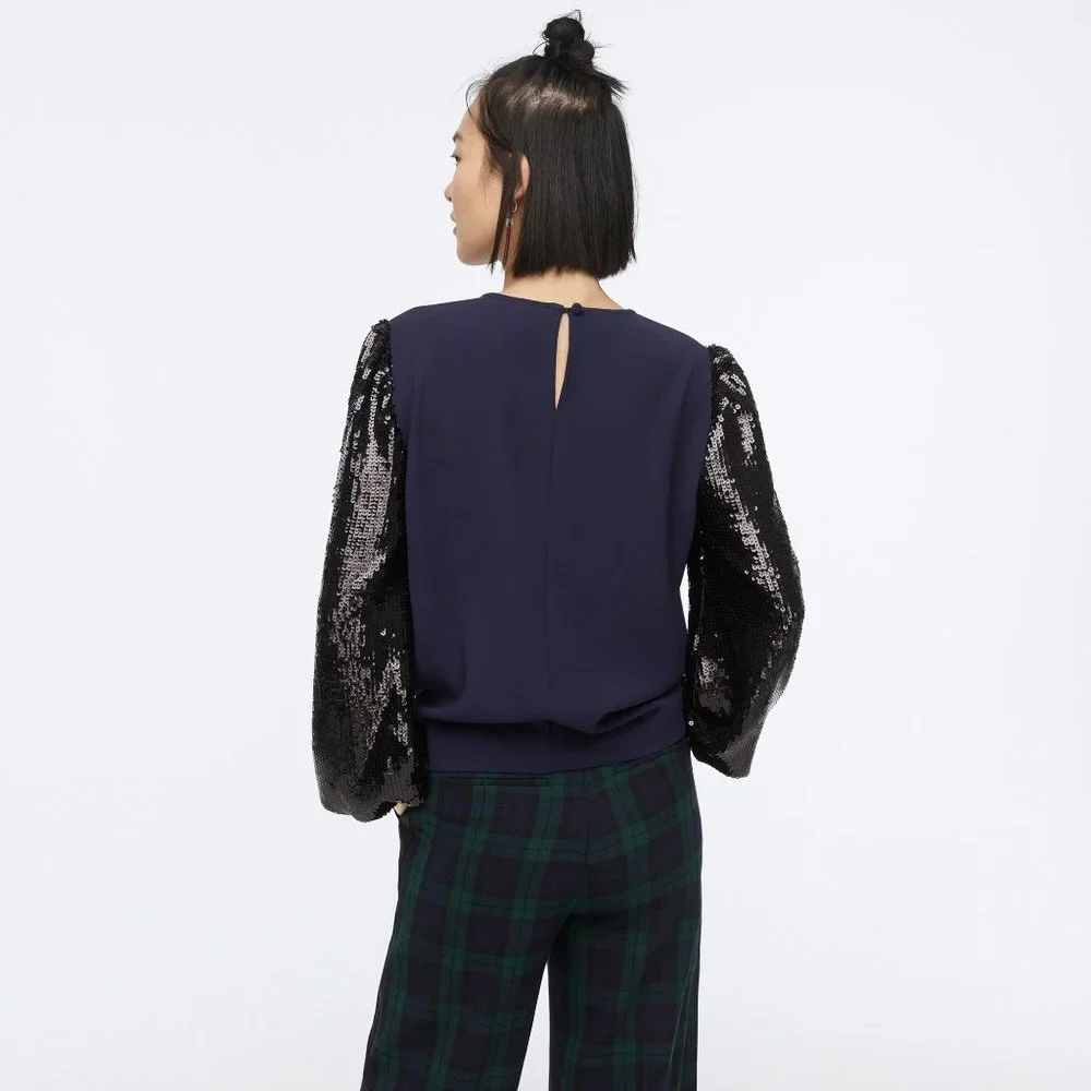 NWT Womens Size XS J. Crew Navy Blue Black Sequin Sleeve Crepe Blouse Top